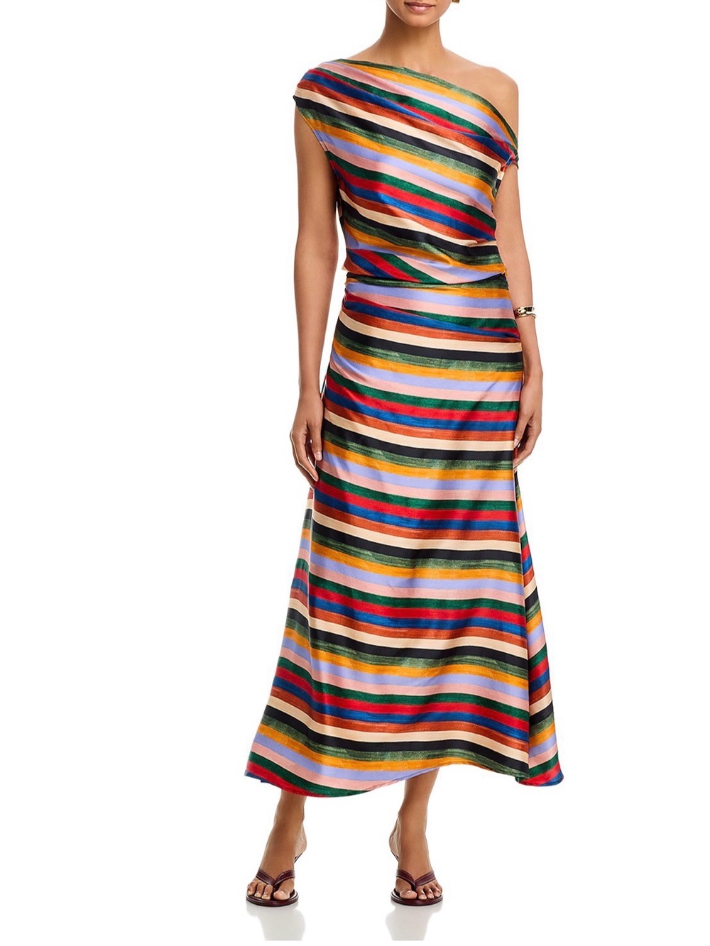 STAUD One-Shoulder Striped Satin Maxi Dress in Multicolor